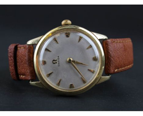 Gents Omega Wrist watch on leather strap 1960 model, White enamel dial with gold baton hours