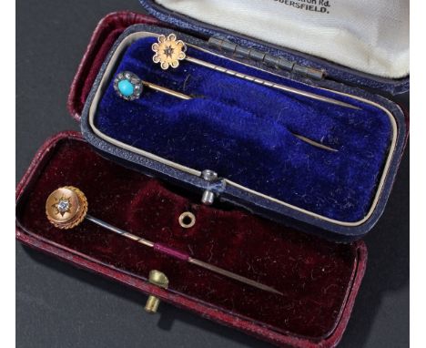 3 good quality yellow metal stick pins set with stones and diamonds