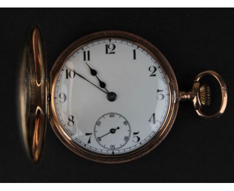 9ct Gold GS Half Hunter pocket watch, white enamel dial with black Arabic numerals weight 63 grams