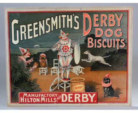 Original lithograph 'Greensmith's Derby Dog Biscuits' card advertising poster, 'Manufactory Hilton Mills Near Derby', by R. A