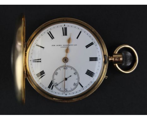 18ct Gold Half hunter pocket watch by Sir John Bennett Ltd London. White enamel face with roman numerals and a subsidiary sec