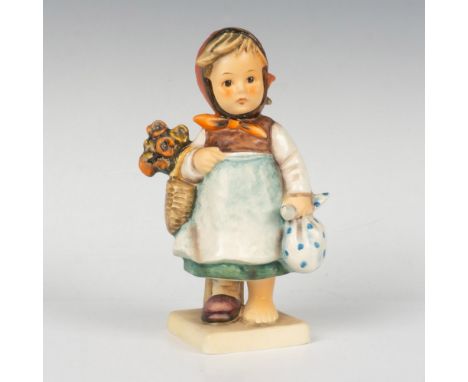 Hand painted porcelain figurine modeled as a little girl wearing one shoe and carrying a polka dotted sack. Hummel impression