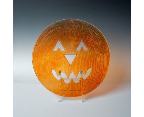 An orange glass platter plate featuring a Halloween Jack-O-Lantern. This item has its original box: 13.75"L x 13.5"W x 1"H. D