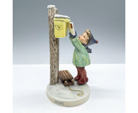 Hand-painted porcelain figurine depicting young boy excitedly posting his letter to Santa. Goebel backstamp. Includes the ori