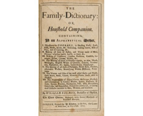Cookery.- Salmon (William) The Family-Dictionary or, Household Companion, third edition, title creased, A2 torn and repaired 