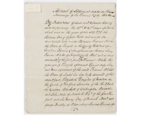 NO RESERVE Political Writer.- Blake (Sir Francis, second baronet, political writer, 1736/7-1818) Abstract of Settlement made 