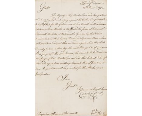 Cruizing against the Owlers.- Bush (Charles, Secretary of the Board of Ordnance) Letter signed to the Ordnance officers of Po