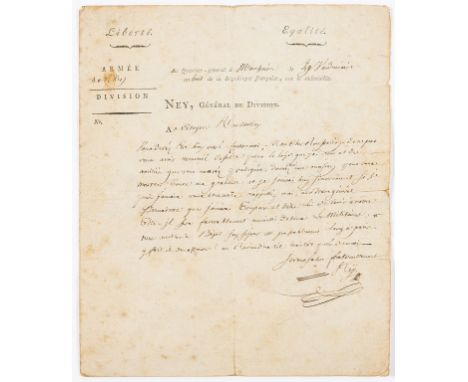 Ney (Michel, known as Marshal Ney, French military commander and Marshal of the French Empire, 1769-1815) Autograph Letter si