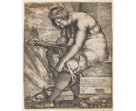 Old masters.- Beham (Hans Sebald) Dido, engraving on laid paper, sheet 117 x 90 mm (4 5/8 x 3 1/2 in), laid on old paper supp