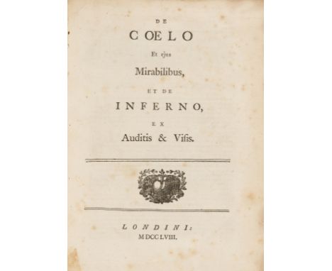 Swedenborg (Emanuel) De coelo et ejus mirabilibus, et de inferno, ex auditis &amp; visis, first edition, title with woodcut o