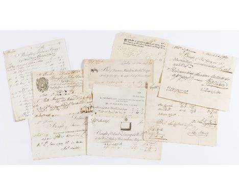 Billheads.- Collection of 13 billheads, printed with manuscript insertions, folds, browned, v.s., v.d., 1745-88 (13 pieces).⁂