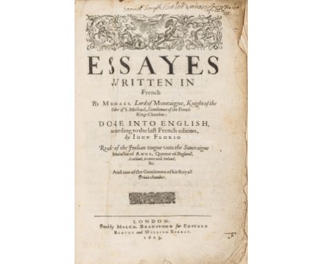 Montaigne (Michel de) Essayes, 3 parts in 1, second edition in English, translated by John Florio, woodcut decorations, title