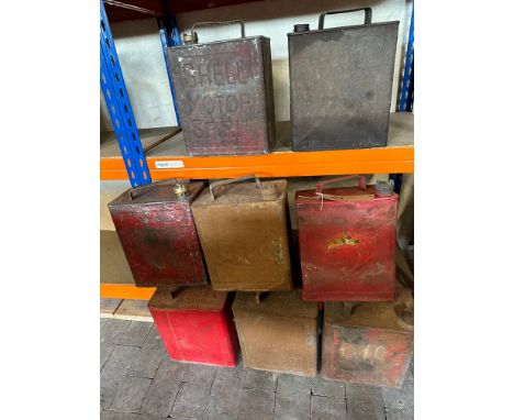 8 two-gallon petrol cans, various brands including Shell, Shell-Mex, Esso, Pratt's etc. 