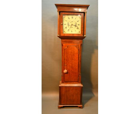 An Oak and Mahogany Chequerline Inlaid Long Case Clock, the square hood with turned pilasters above a rectangular door raised