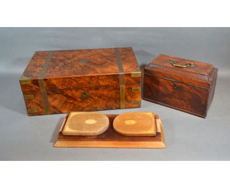 A 19th Century Burr Walnut Brass Bound Fold Over Writing Box together with a 19th Century mahogany tea caddy, a folding book 