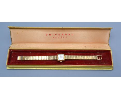 An 18ct Gold Ladies' Wrist Watch By Universal with 18ct gold linked strap 25.8 gms excluding movement within original box 