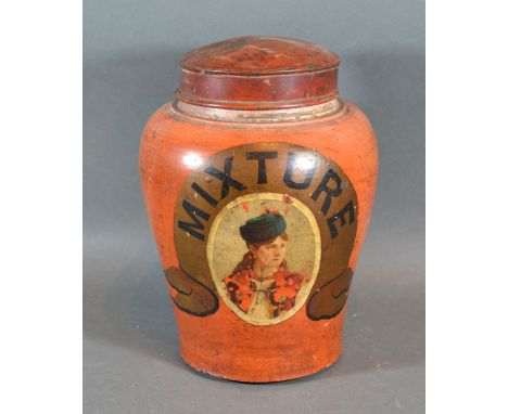 A 19th Century Stone Ware Tobacco Jar with enamelled lid decorated with a portrait  upon an orange ground, 24 cms tall 