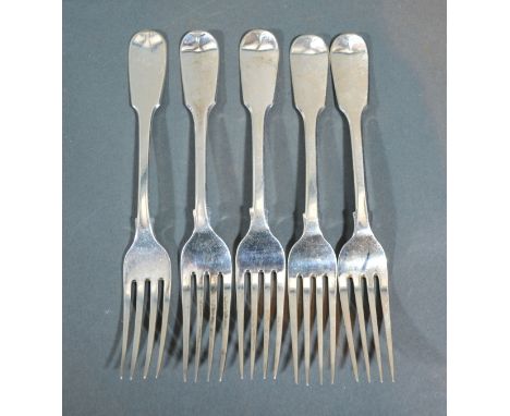 A Set Of Four William IV Silver Fiddle Pattern Forks London 1832 maker's mark WJ together with another similar silver fork 8 