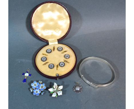 A Cased Set Of Six Mother Of Pearl Decorated Dress Studs together with two David Anderson 925 silver and enamel brooches, a s