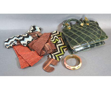 A Beck Creations Leather Handbag together with three beaded belts and a bangle 