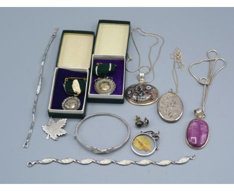 A 925 Sliver Bangle together with other items of silver jewellery and two silver medals 