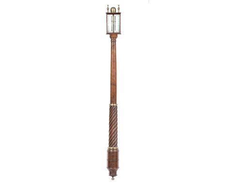 Queen Anne walnut stick barometer, in the style of Daniel Quare, silvered chart, turned column with spiral moulding over a cy