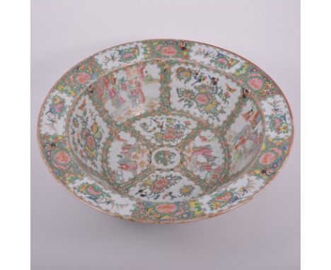 Large Cantonese circular basin, with a broad flange, compartmentalised decoration, with Mandarin figures, flowers and birds, 