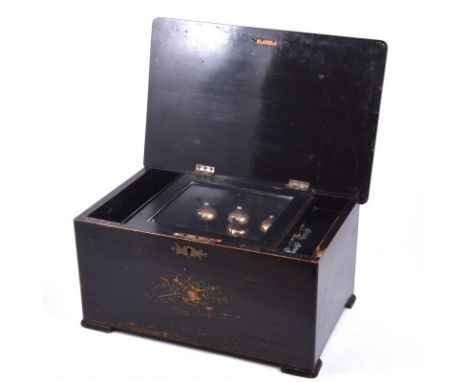 Swiss musical box, playing airs on a drum and striking on four bells, 15.5cm comb, in an ebonised vase, rosewood veneered lid