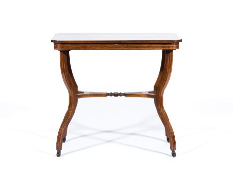 Victorian rosewood occasional table, rectangular top with rounded corners, the shaped legs joined by a stretcher, with boxwoo