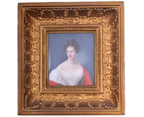 French School,A young lady of the Empire period, half length, portrait miniature, 10 x 9cm.