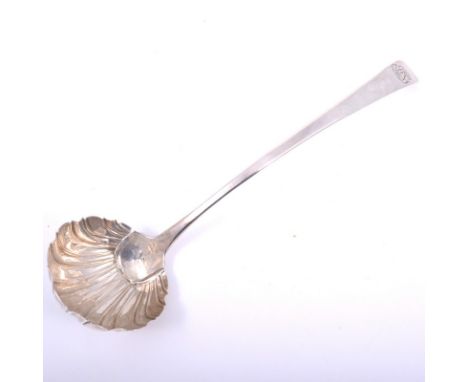 George II silver soup ladle, maker's mark rubbed, London possibly 1757, Hanoverian pattern with a scalloped bowl, 5oz, 34cm.