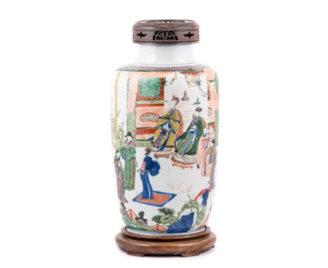 Chinese polychrome Rouleau vase, Kangxi, of shouldered form, painted with nobles and other figures, (reduced and with hairlin