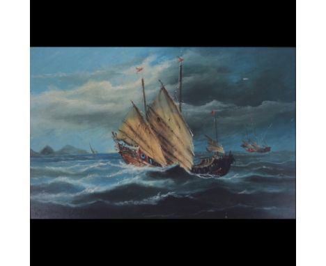 Lee-Cheong, Junks in a storm and wrecked Junks, a pair of maritime scenes,oil on millboard, labelled verso, Lee-Cheong, Ship,