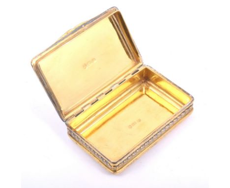 George III silver gilt snuff box, John Shaw, Birmingham 1811, oblong shape, bright-cut decoration and cast foliate band, 4oz,