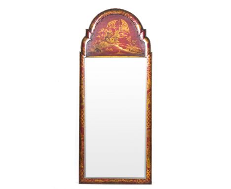 George I style red lacquered and chinoiserie decorated pier glass, 20th Century, double arched moulded top with a painted pan