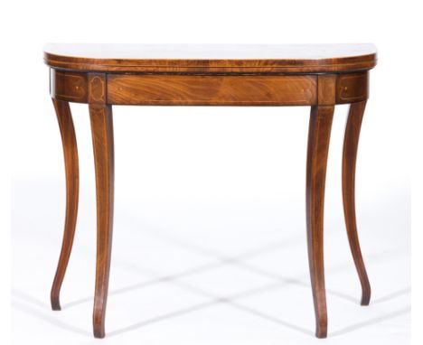 Regency mahogany card table, demilune form, foldover top with broad satinwood and rosewood cross-banding, boxwood and ebony s