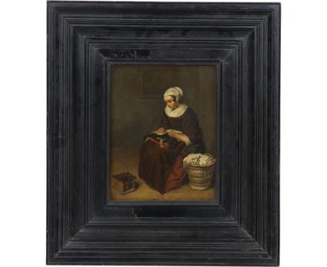 Follower of Gabriel Metsu, Girl Sewing,oil on panel, 28cm x 22cms.