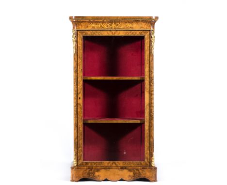 Victorian walnut vitrine, the rectangular top with rounded corners, cavetto cornice, with marquetry inlay to the frieze and c