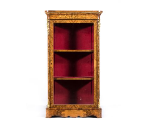 Victorian walnut vitrine, the rectangular top with rounded corners, cavetto cornice, with marquetry inlay to the frieze and c