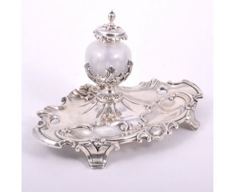 Victorian silver desk stand, by Hawkesworth Eyre & Co, Sheffield 1838, with shaped oval base, on four scrolled feet, supporti