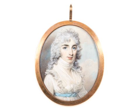 Manner of Andrew Plimer"Susannah Anthony",bust length portrait miniature,in an oval rose metal frame,with a hair plaid,8 x 6.