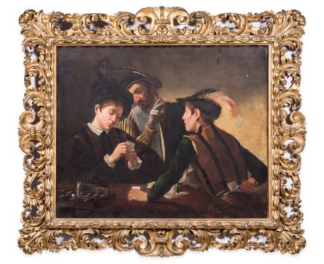 Follower of Michelangelo Merisi da Caravaggio,'The Cardsharps',oil on relined canvas,106cm x 130cm,in a 19th Century Florenti