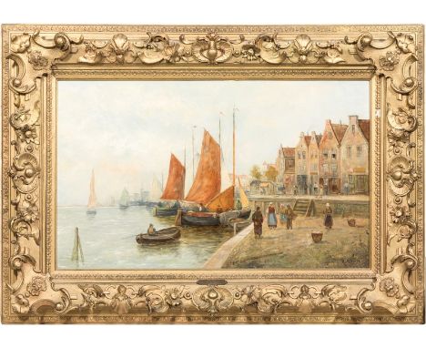 R. Monti,Dutch Harbour scene,signed, on relined canvas,48cm x 82cm.