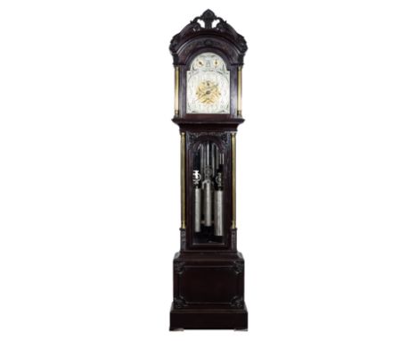 Edwardian mahogany and brass Longcase Clock, in the style of Maple & Co., arched engraved steel dial, with gilt centre, subsi