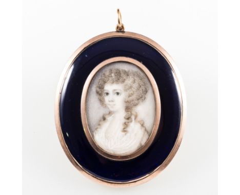 Follower of Richard CoswayA young lady, bust length,oval portrait miniature,in a blue enamel and rose metal frame,with a hair