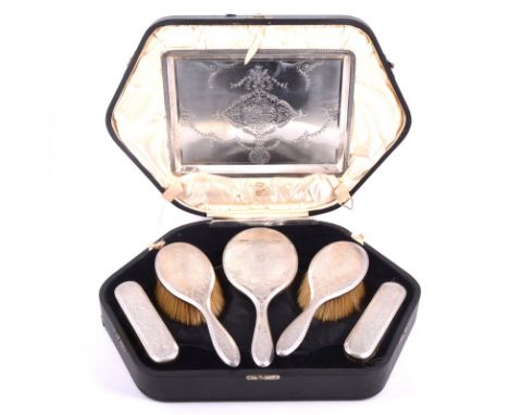 Seven-piece silver-backed dressing table set, London 1919, engraved decoration, including a rectangular tray, 28cm x 21cm; ha