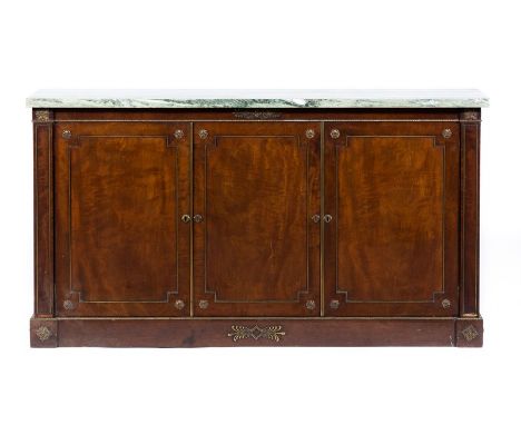 Regency mahogany cabinet sideboard, rectangular variegated marble top, with central sliding panel flanked by panelled doors, 