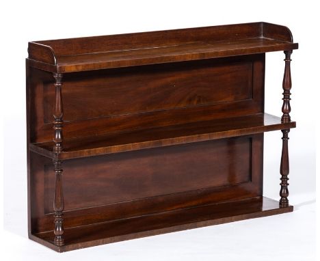 Victorian mahogany three heights wall shelf, three quarter gallery, ringed and pear shape uprights, panelled back, width 87cm