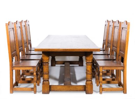 Oak refectory style dining suite, by Haselbech Oak, comprising a table, rectangular top, turned and ringed legs, low stretche