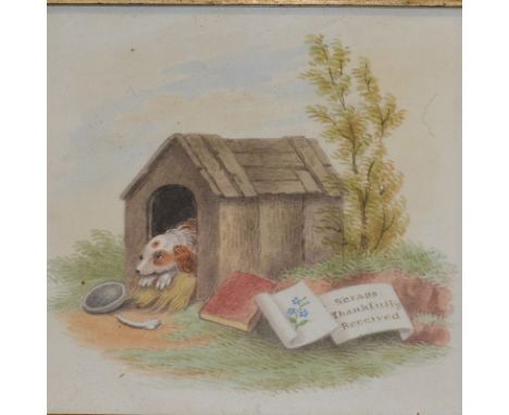 English School, First half of the 19th Century'Scraps thankfully received', a spaniel in a kennel,watercolour vignette,9cm x 